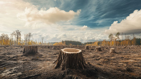 A deforested area with stumps and barren land. The empty sky and ground provide a significant space for adding impactful text about climate change.の素材