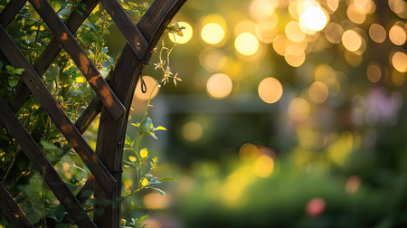 A decorative fish trellis against a garden with soft, blurred lighting. The clear space around the trellis provides a great area for copy.の素材
