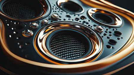 A detailed view of a car speaker's intricate design within the vehicle's dashboard. The surrounding space offers plenty of room for copy.の素材