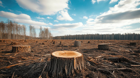 A deforested area with stumps and barren land. The empty sky and ground provide a significant space for adding impactful text about climate change.の素材