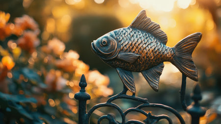 A decorative fish trellis against a garden with soft, blurred lighting. The clear space around the trellis provides a great area for copy.の素材