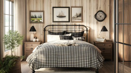 A farmhouse-style bedroom with a wrought iron bed frame, checkered bedding, and rustic wood accents. The design blends vintage charm with comfort.の素材