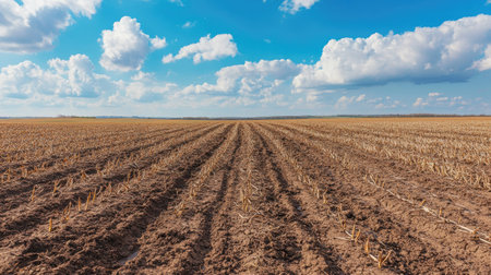 A field of dead crops with a dry, cracked soil. The open sky and barren land offer a clear area for impactful text about climate changeの素材