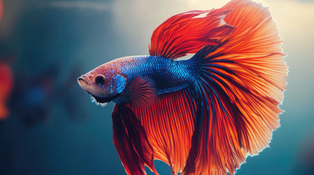 A dynamic shot of a fighting fish displaying its vibrant colors. The open space in the aquarium and around the fish offers room for text.の素材