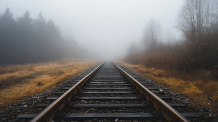 A deserted railway track leading into a foggy distance with a clean, atmospheric backdrop. The open space around the tracks is perfect for adding copy.の素材