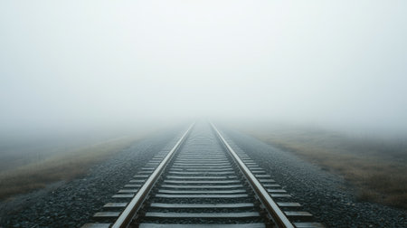 A deserted railway track leading into a foggy distance with a clean, atmospheric backdrop. The open space around the tracks is perfect for adding copy.の素材
