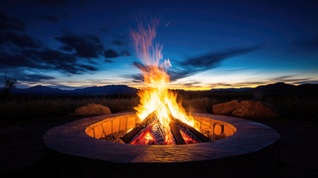 A dynamic shot of a fire pit with flames dancing in the night. The dark sky and surrounding space allow for clear text placement.の素材