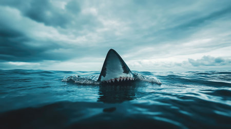 A dramatic shot of a shark's fin slicing through the water with a vast, empty background. The clear space allows for prominent text placement. -の素材