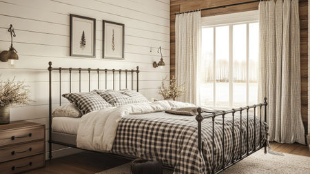 A farmhouse-style bedroom with a wrought iron bed frame, checkered bedding, and rustic wood accents. The design blends vintage charm with comfort.の素材