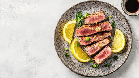 A grilled bluefin tuna served with lemon wedges on a plate, with a simple, clean backdrop. The unobstructed space around the plate provides room for text.の素材