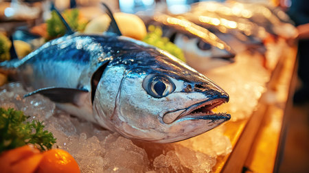 A fresh tuna displayed on a seafood market stall with a bright, clear background. The unobstructed space around the fish is ideal for adding text. -の素材