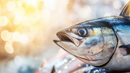 A fresh bluefin tuna displayed at a seafood market with a clean, bright background. The ample space around the fish is great for adding text.の素材