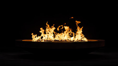 A dynamic shot of a fire pit with flames dancing in the night. The dark sky and surrounding space allow for clear text placement.の素材