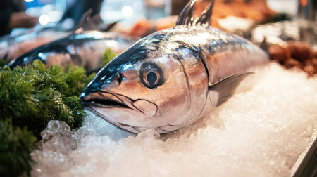 A fresh tuna displayed at a seafood market with a clean, bright background. The open space around the fish is ideal for text placement.の素材