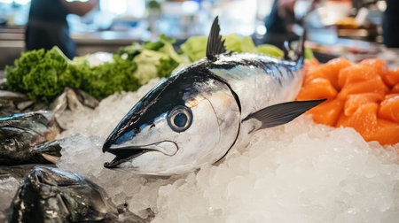 A fresh bluefin tuna displayed at a seafood market with a clean, bright background. The ample space around the fish is great for adding text.の素材