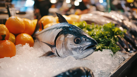 A fresh tuna displayed on a seafood market stall with a bright, clear background. The unobstructed space around the fish is ideal for adding text. -の素材