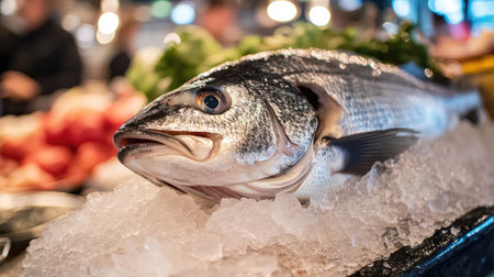 A fresh sea bass displayed on a market stall with a clean, bright background. The ample space around the fish is great for adding text.の素材