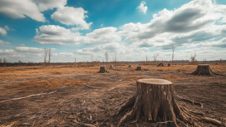 A deforested area with stumps and barren land. The empty sky and ground provide a significant space for adding impactful text about climate change.の素材