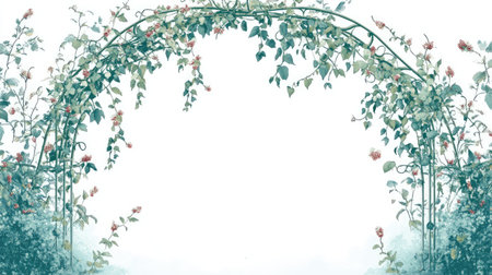 A decorative fish trellis with trailing vines and flowers, set against a bright, clear sky. The ample space around the trellis is perfect for text.の素材