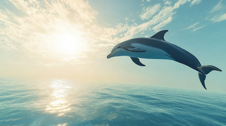 A dolphin in mid-air with a bright, sunny sky and ocean below. The vast, clear space around the dolphin provides a perfect area for copy.の素材