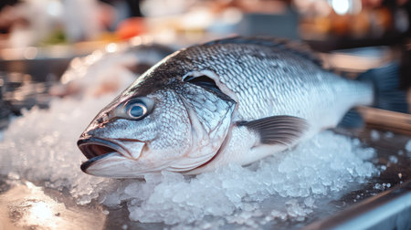 A fresh sea bass displayed on a market stall with a clean, bright background. The ample space around the fish is great for adding text.の素材