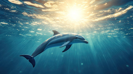 A dolphin swimming near the surface with the sun shining down and creating clear, open water around. The space around the dolphin is ideal for text.の素材