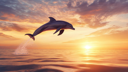 A dolphin sleek silhouette against a vibrant sunrise or sunset. The open sky and water background offer a dramatic space for adding text. -の素材