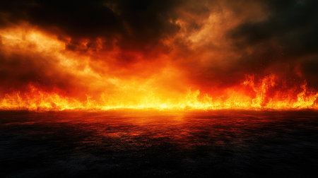 A dramatic image of a firestorm with intense flames and a dark horizon. The expansive empty space around the fire creates a striking visual impact.の素材