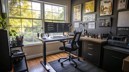 A creative workspace with a standing desk, ergonomic chair, and design tools. The large, clear desk area and surrounding space are perfect for copy.の素材