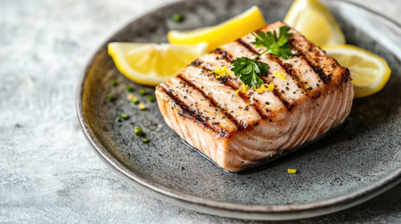 A grilled bluefin tuna served with lemon wedges on a plate, with a simple, clean backdrop. The unobstructed space around the plate provides room for text.の素材