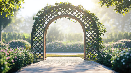 A decorative fish trellis in a sunny garden with a clean, empty background. The clear space around the trellis is ideal for text placement.の素材