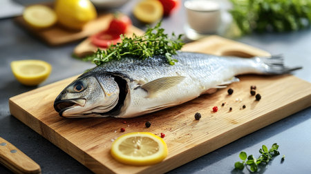 A fresh sea bass on a wooden cutting board with a clear kitchen background. The open space around the fish allows for easy addition of text.の素材