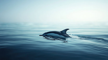 A dolphin's dorsal fin breaking the surface of the water with a vast ocean backdrop. The unobstructed space around the fin is ideal for copy.の素材