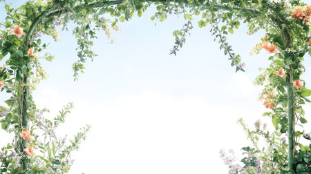 A decorative fish trellis with trailing vines and flowers, set against a bright, clear sky. The ample space around the trellis is perfect for text.の素材