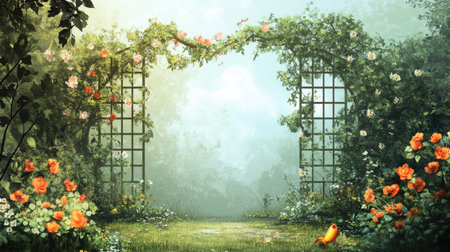 A fish trellis with climbing vines and flowers in a spacious garden. The open, unobstructed background around the trellis is ideal for text.の素材