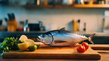 A fresh bluefin tuna on a wooden cutting board with a clean kitchen background. The ample space around the fish allows for easy addition of text.の素材
