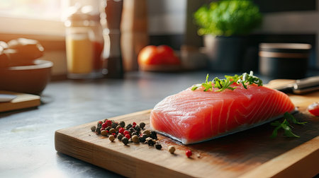 A fresh tuna fillet on a cutting board with a clean kitchen background. The ample space around the fillet allows for easy addition of text.の素材