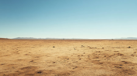 A dry, arid landscape with scattered desertification signs. The clear sky and barren ground create a significant space for adding text about global warming.の素材