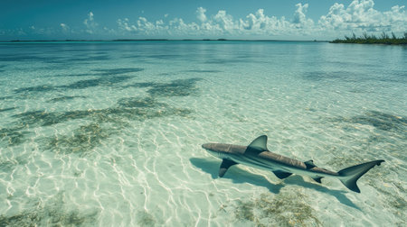 A lone shark navigating through a shallow, clear lagoon with a vast open area around it. The unobstructed space provides room for text.の素材