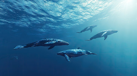A group of whales swimming in a formation with a clear, expansive ocean background. The empty space around them provides room for text.の素材