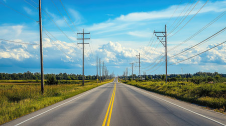 A high-angle view of electric poles running along a highway with a clear, open sky. The unobstructed space above the poles is ideal for text.の素材