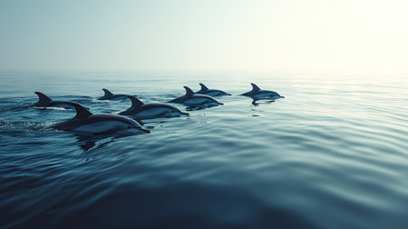 A group of dolphins swimming in formation with a vast, open sea background. The empty water around them creates a great space for text.の素材