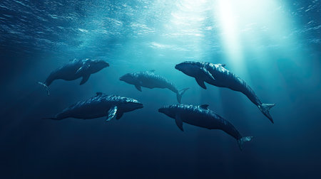 A group of whales swimming in a formation with a clear, expansive ocean background. The empty space around them provides room for text.の素材
