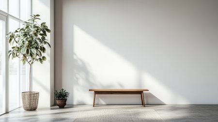 A minimalist home entryway featuring a simple bench, white walls, and uncluttered space for text. The design emphasizes functionality and simplicity.の素材