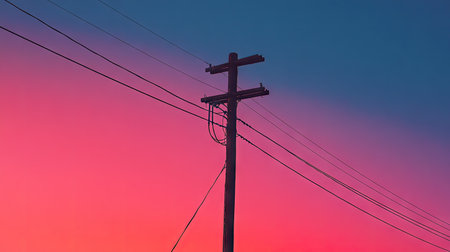 A high-voltage electric pole against a clean, sunset sky. The ample space around the pole allows for easy addition of text or copy.の素材