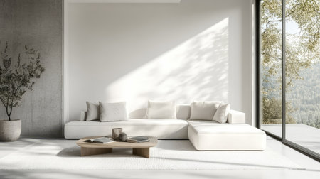 A minimalist living room with clean white walls, a sleek sofa, and a simple coffee table. Ample copy space in the open layout emphasizes the room's modern design.の素材