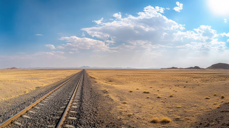 A panoramic view of a railway line cutting through a vast desert landscape with a clean, expansive sky. The open space around the tracks provides ample room for text.の素材