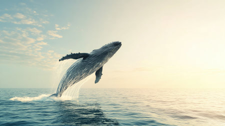 A majestic whale breaching the ocean surface with a clear sky in the background. The open water around the whale provides ample space for text.の素材