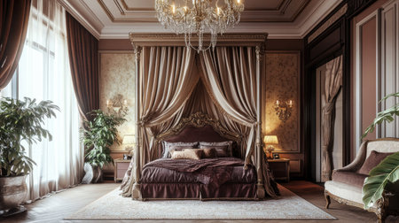 A luxurious master bedroom with a four-poster bed, elegant chandelier, and high-end fabrics, creating a regal and opulent environment.の素材