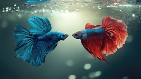 A pair of fighting fish in a tank, with one prominently displayed. The open water space and tank background offer a clean area for text.の素材